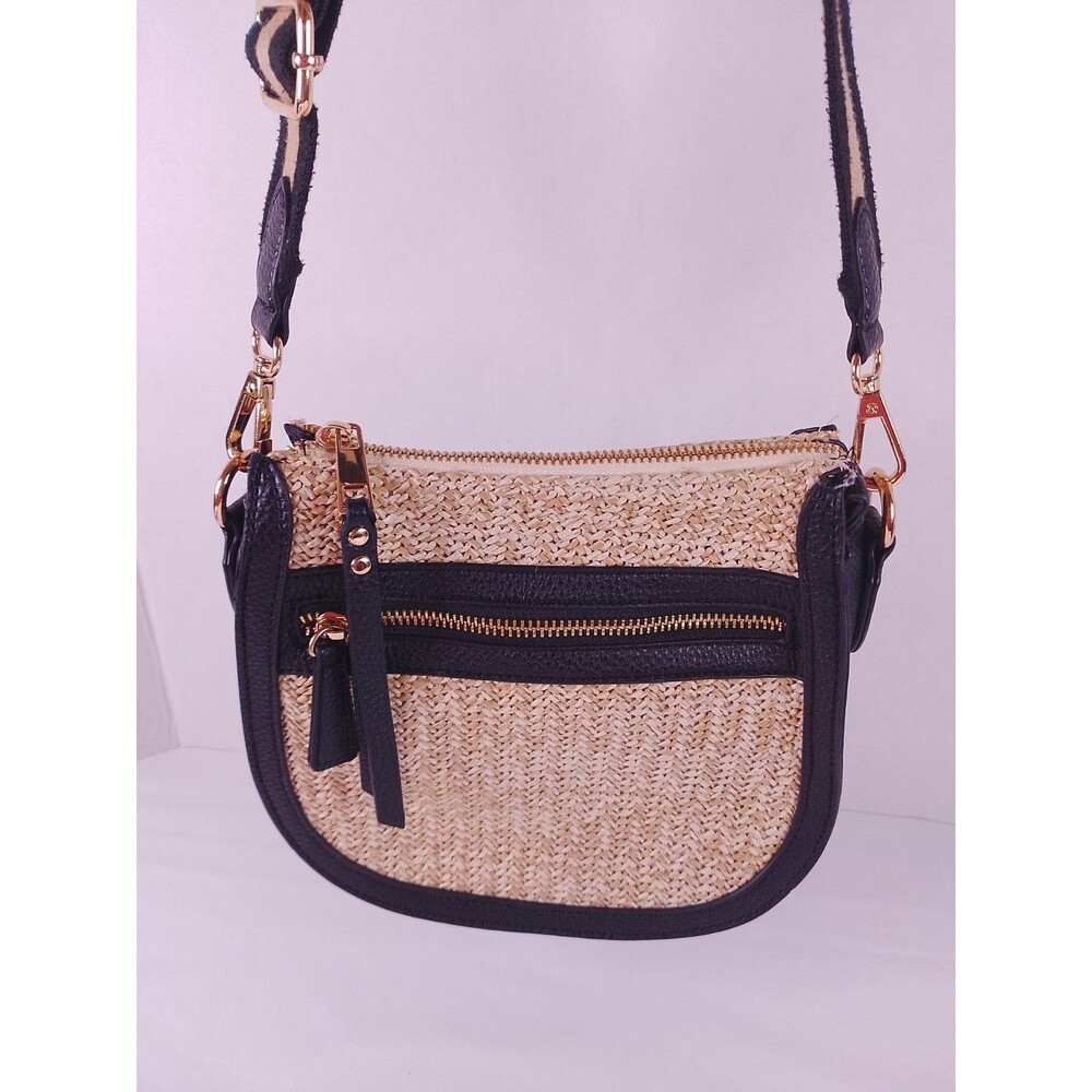Crown Vintage Straw Crossbody Bag Woven Raffia Brown Trim Boho Purse Small - Picture 6 of 14